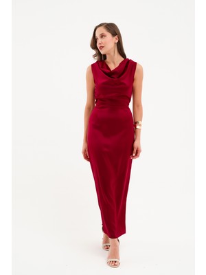 Kadın Bordo Degaje Yaka Midi Saten Elbise