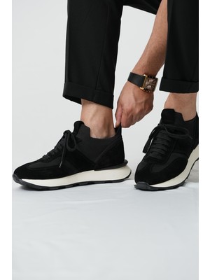 Darell Model Hakiki Deri El Yapımı Siyah Erkek Triko Sneaker Ayakkabı