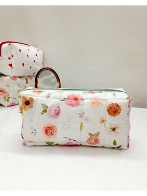 Çiçek Desenli Fermuarlı Pembe Beyaz Makyaj Çantası (23X10 Cm)