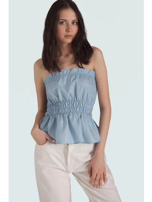 Terrycotton Kumaş Çizgili Straplez Bluz Fitted Kalıp Yazlık Uzun Ömürlü Rahat Kullanım