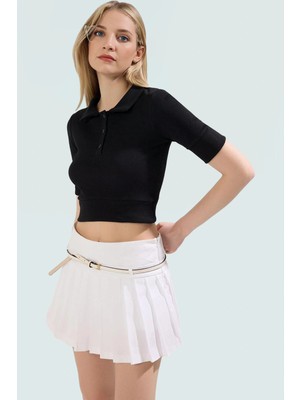 Yazlık Kısa Kollu Crop Bluz Polo Yaka Fitted Rejenere Kaşkorse Kumaş Özel Tasarım