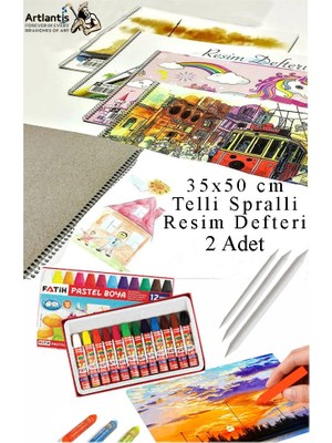 12 Renk Fatih Pastel Boya 35X50 cm Telli Spralli Resim Defteri Pastel Dağıtma Kalemi 15 Yaprak Resim Defteri Yağlı