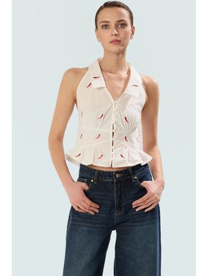 Pamuklu Terrycotton Crop Bluz Fitted Kalıp Biber Nakış Detaylı Kaliteli Işçilik