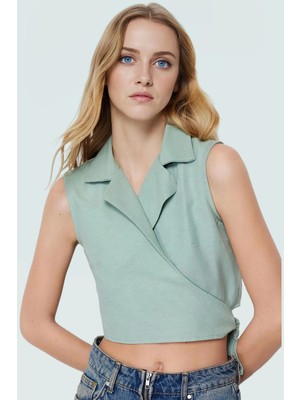 Keten Görünümlü Crop Bluz Ceket Yaka Kalın Askılı Yazlık Rahat Kullanım