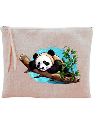 Bej Panda Desenli Şık ve Kullanışlı Seyahat Makyaj Çantası