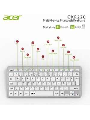 Acer OKR220 Beyaz Multidevice Dual Mode 2.4ghz Bluetooth Klavye (Smart Tv)(Android)