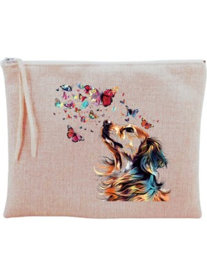 Kelebek ve Köpek Desenli, Şık Bej Makyaj Çantası, Kullanışlı ve Zarif Tasarım