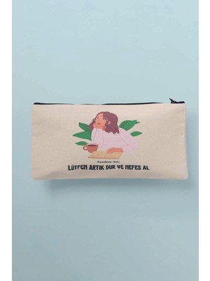 Şık Bej Baskılı Çok Amaçlı Bez Çanta, Kalemlik ve Cüzdan Seti, Çok Renkli