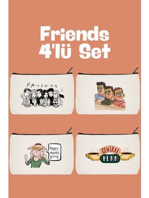 Renkli Friends Baskılı 4'lü Makyaj ve Kalemlik Seti, Cüzdan Hediye