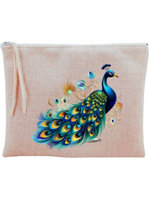 Renkli Tavus Kuşu Desenli Şık Makyaj Çantası, Zarif ve Kullanışlı Tasarım