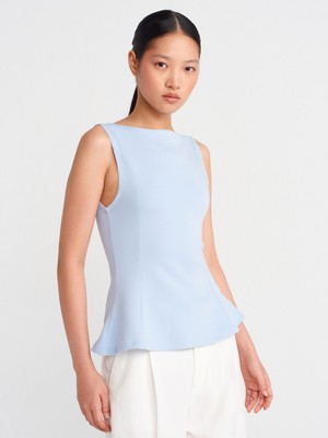 21001 Kayık Yaka Peplum Top-Açık Mavi