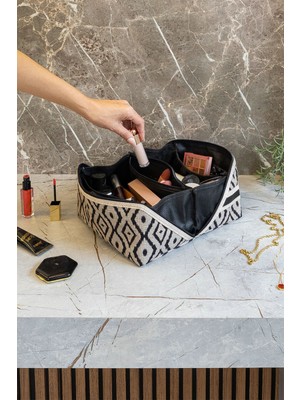 Şık Desenli Makyaj ve Kozmetik Organizer, 24X16X13CM, Bej Renk