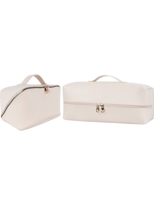 Iki Parça Ekru Kozmetik Makyaj Çantası, Uyumlu ve Şık Tasarım