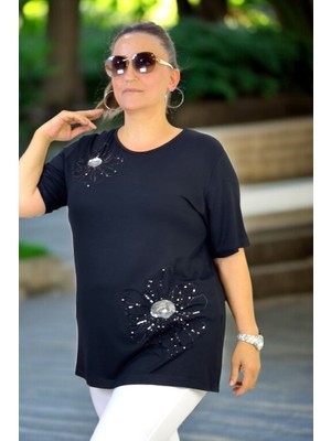 Pul Payet Çiçek Işlemeli Taşlı Bisiklet Yaka Büyük Beden Bluz