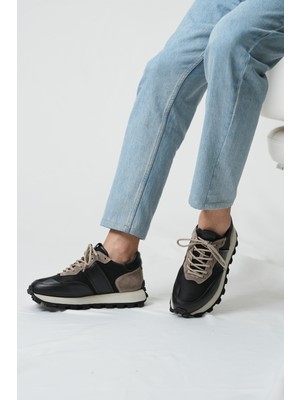 Sarasota Model Gerçek Deri El Yapımı Erkek Siyah Bej Sneaker Ayakkabı