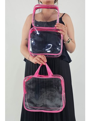 3’lü Pembe Şeffaf Seyahat Makyaj Çantası Seti, Pratik ve Şık Taşımaya Uygun
