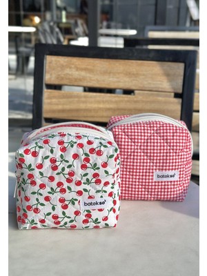 2'li Kiraz ve Kırmızı Kare Desenli Mini Makyaj Çantası Set