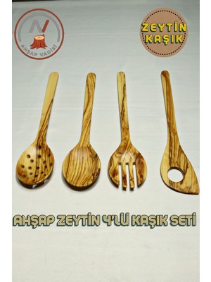 El Yapımı Ahşap Mutfak Seti 4 Parça, Zeytin Ağacı, 30 Cm, Tahta Kaşık, Çatal, Spatula, Kevgir