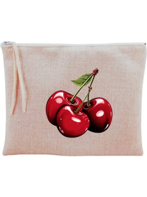 Bej Tonlarında Kiraz Desenli Şık ve Kullanışlı Makyaj Çantası