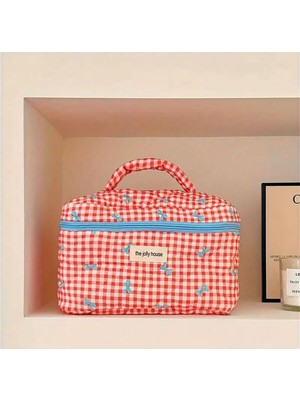 Iki Bölmeli Fermuarlı Kırmızı Beyaz Kareli Büyük Kapasiteli Seyahat Çantası