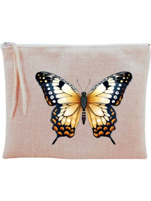 Bej Renkli Kelebek Desenli Şık Makyaj Çantası, Pratik ve Şık Tasarım