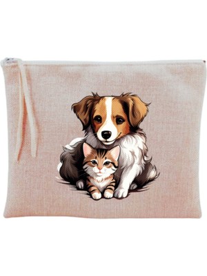 Renkli Kedi ve Köpek Desenli Şık Makyaj Çantası, Hafif ve Pratik Kullanım