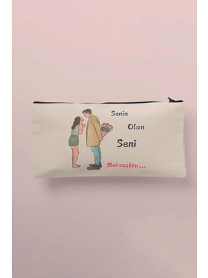 Bej Renkli Baskılı Şık Makyaj, Kalemlik ve Cüzdan Seti, Kullanışlı ve Çok Renkli