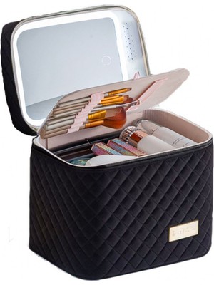 Şık LED Aynalı Geniş Kozmetik Çantası, Fırça Bölmeli, Siyah