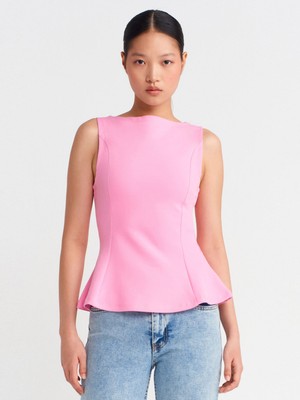21001 Kayık Yaka Peplum Top-Pembe