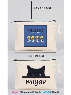 Renkli Kanvas Makyaj Çantası, Miyav ve Let It Bee Desenli, Ekru 100 Karakter