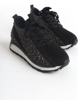 Alya Bağcıklı Ortopedik Taban Taşlı Kadın Sneaker Spor Ayakkabı Bt - Siyah