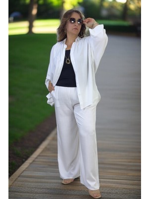 Esnek Pamuklu Yazlık Kumaş Yarasa Kol Gömlek Beli Lastikli Cepli Pantolon Büyük Beden Ikili Takım