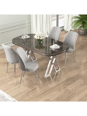 Lai Serisi 90X168 Lak Panel Antrasit Ironi Masa ve 4 Gri Sandalye Krom Kaplama Ayak