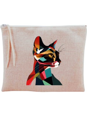 Şık Bej Kedi Baskılı Makyaj Çantası, Kullanışlı ve Zarif Tasarım
