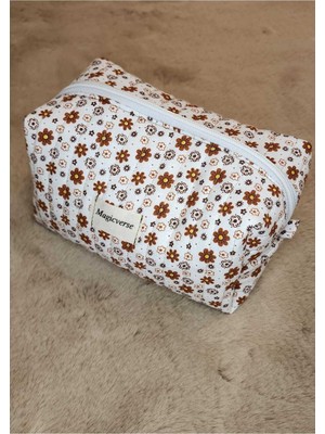 Çiçek Desenli Şık Makyaj Çantası, Bej Renk, Pratik ve Şık Tasarım