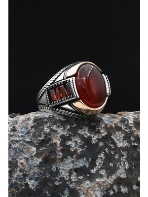 Akik Taşlı 925 Ayar Gümüş Yüzük Zirkon Taş Süslemeli 902035