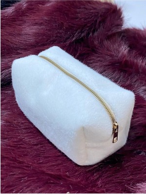 Beyaz Orta Boy Peluş Seyahat ve Makyaj Çantası, Çok Amaçlı Kullanıma Uygun