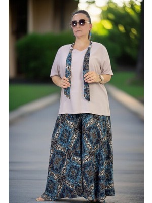 Beli Lastikli Geniş Kesim Pamuklu Viskon Pantolon Etek Flarlı Penye Bluz Ikili Takım