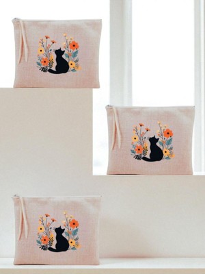 Çiçek ve Kedi Temalı 3'lü Makyaj Çantası, 20X25 Cm, Kadın Hediye Alternatifi