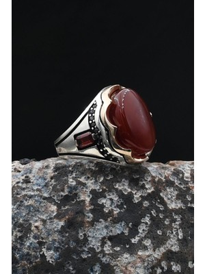 Akik Taşlı Zirkon Taş Süslemeli 925 Ayar Gümüş Yüzük 902036