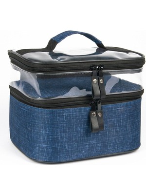 Mavi Çift Bölmeli Şık Seyahat Makyaj Çantası