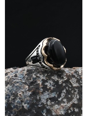 Oniks Taşlı Gümüş Yüzük 925 Ayar Zirkon Taş Süslemeli 902037