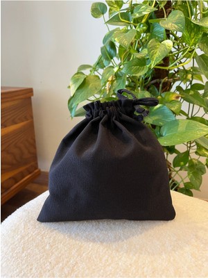 Şık Siyah Keten Mini Bez Kese, Büzgülü Düzenleyici, 20X20 cm