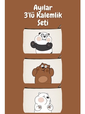 3'lü Ayılar Makyaj Çantası Seti, Kalemlik, Cüzdan ve Bez Çanta, Kahverengi
