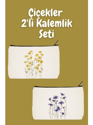 Çiçek Desenli 2'li Makyaj Çantası Seti, Kalemlik, Cüzdan ve Bez Çanta ile Şıklık