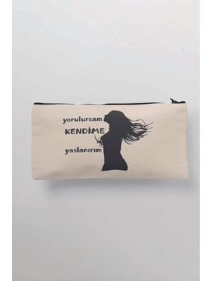 Yorulursam Kendime Yaslanırım Baskılı Bez Çanta Kalemlik ve Cüzdan Seti