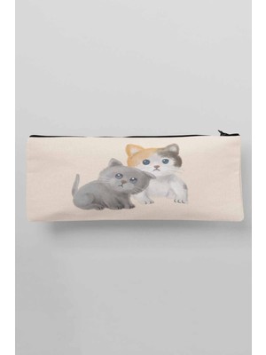 Sevimli Yavru Kediler Baskılı Bez Çanta Kalemlik ve Cüzdan Seti