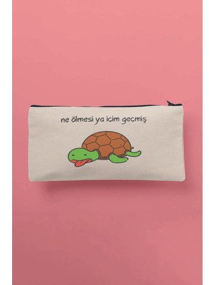 Bej Baskılı Bez Makyaj Çantası, Kalemlik ve Cüzdan Uyumu