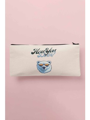 Sevimli Ayı Baskılı Bez Makyaj ve Kalem Çantası, Cüzdan, Bej Renk