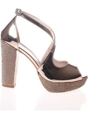 Kadın Moda Şık Gold Ayna Ökçe Poli Taş Topuklu Zarif Tasarım Düğün Nişan Gece Abiye Ayakkabı